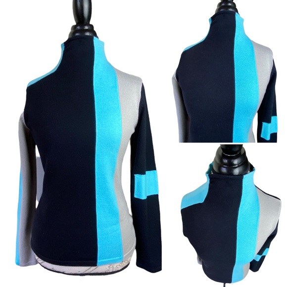 Spanner Retro Black Blue Color Block Tight Knit High Neck Long Sleeve Sweater S - Picture 3 of 16